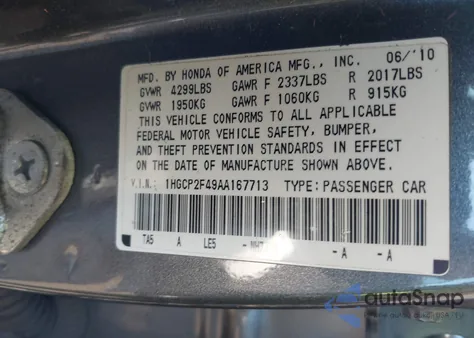 2010 Honda Accord 2.4 Lx-P from USA, damaged, VIN 1HGCP2F49AA167713
